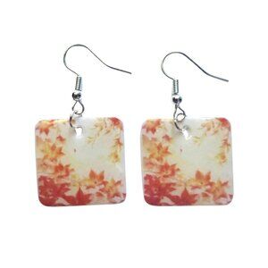 Square Resin Dangle Earrings, Multicolor Fall Leaves Design, Hypoallergenic